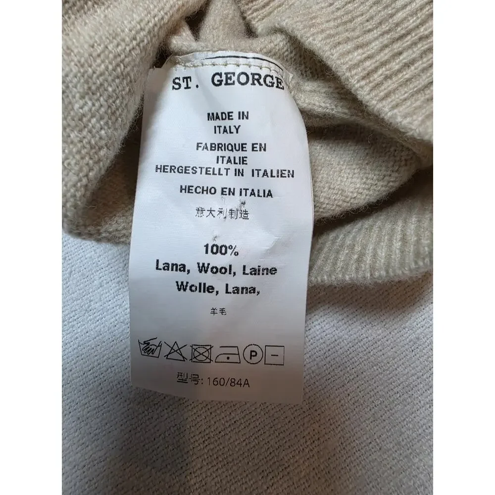 St. George Men’s 100% Wool V-Neck Sweater Beige Made in Italy Luxury Knit...